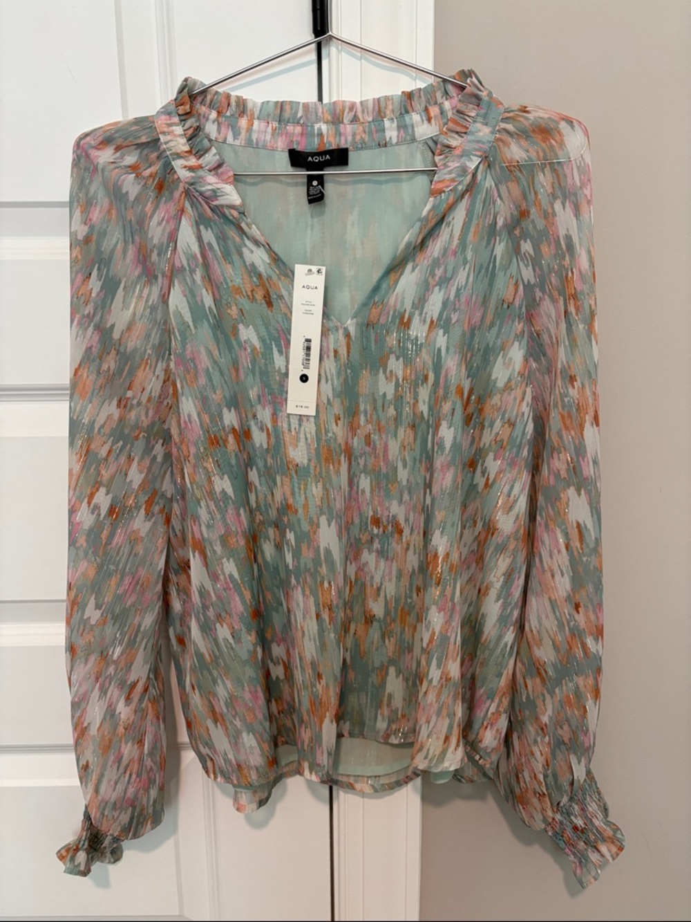 Aqua Mint Multi-Print V‑Neck Long Sleeve Blouse